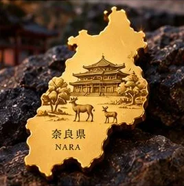 奈良県の形の純金ピース（寺院と鹿の彫刻）
