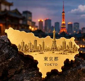 東京都の形の純金ピース（街並みと塔の彫刻）
